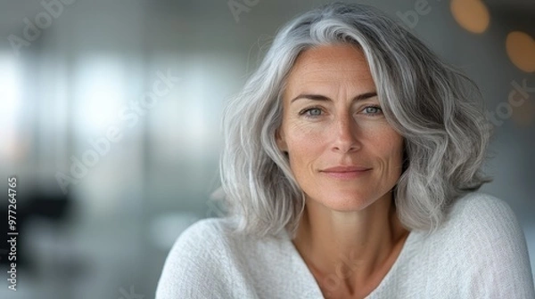Fototapeta A woman with striking gray hair, dressed in a light sweater, gazes calmly with a serene expression, set in an unfocused, minimalist indoor environment.