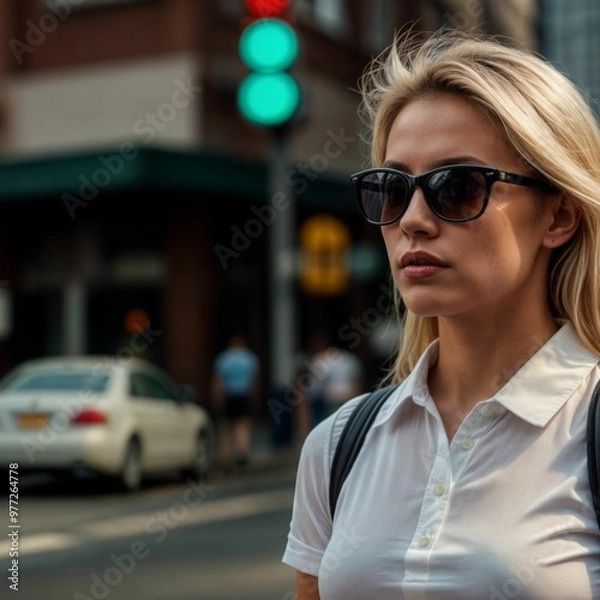 Obraz 街を歩くサングラスをかけた女性