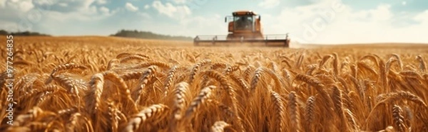 Fototapeta Expansive wheat field during harvest, a tractor working under a clear sky with golden grains swaying