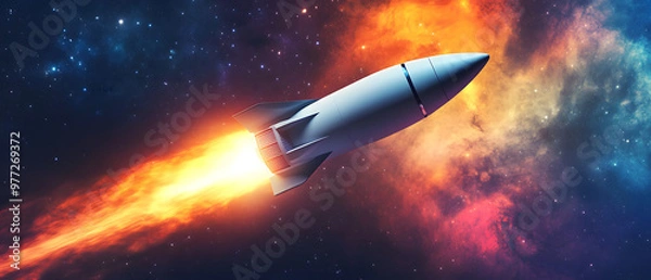 Obraz Sleek spacecraft soaring through a vibrant cosmic nebula with swirling colors, captured in high resolution. This striking image highlights the beauty of interstellar travel and futuristic design