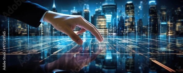 Fototapeta A hand reaching towards a holographic interface displaying digital data visualizations in a futuristic workspace