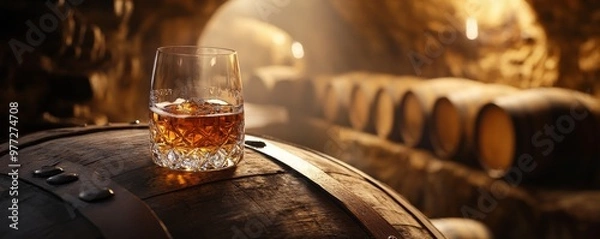 Fototapeta Glass of whisky sitting on barrel in a cellar