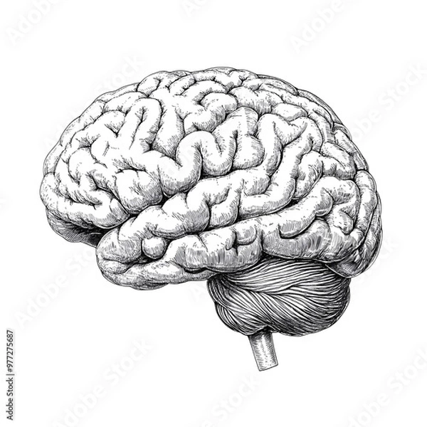 Fototapeta Vintage Black and White Illustration of a Human Brain Isolated on White Background, Cutout, Isolated on White Background