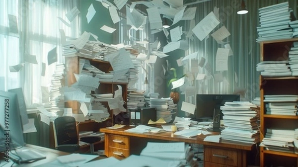 Fototapeta A messy office scene with papers and documents scattered everywhere, perfect for depicting a busy work environment or a disorganized workspace