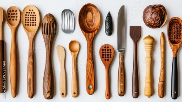 Fototapeta Assorted kitchen utensils with wooden handles neatly arranged on a white surface