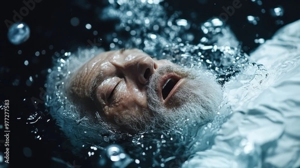 Fototapeta A dramatic underwater scene showcases a diver surrounded by bubbles and sharp, contrasting lights, capturing the intensity and beauty of exploring the underwater realm.