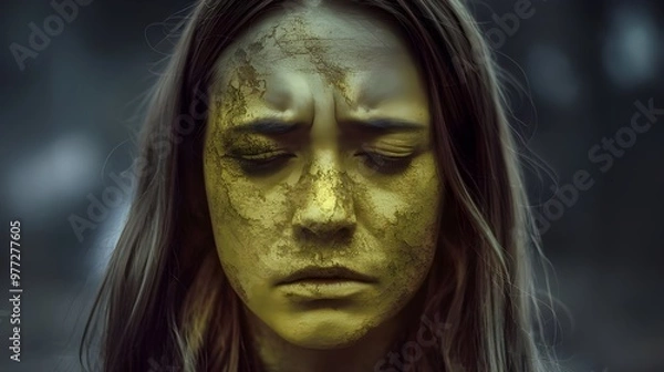 Fototapeta An abstract woman's face with a corroded, rough texture. 
Sad emotion, depression art.