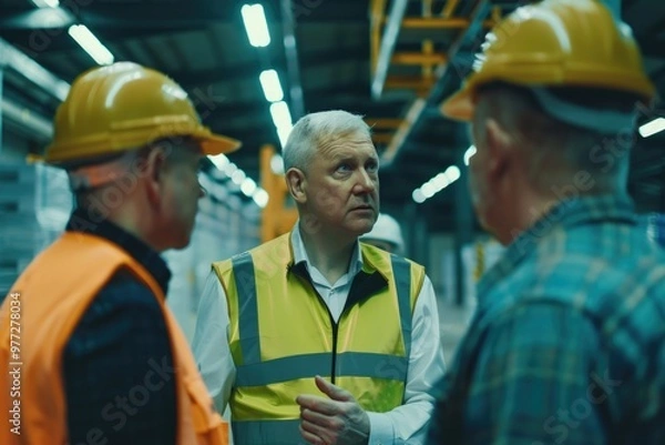 Fototapeta Group of men posing together in a large industrial space, great for use in corporate or team-related contexts