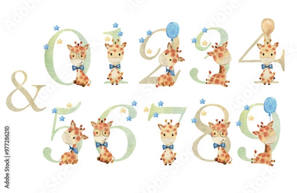 Obraz Watercolor animals numbers.