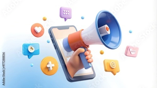 Obraz Bubble social media concept: A hand holding a smartphone and a megaphone notification in a minimal cartoon style, with talk, chat, and comments. This is a 3D rendered illustration.