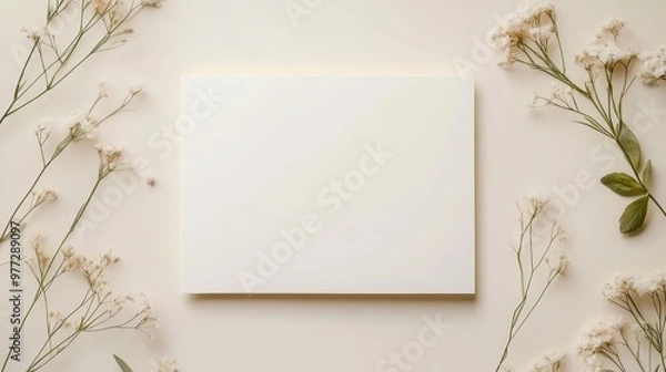 Fototapeta A minimalist flat lay featuring a blank card surrounded by delicate flowers on a soft background, perfect for stationery inspiration.