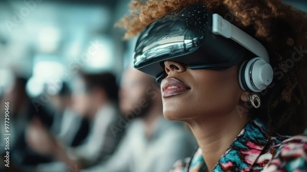 Fototapeta A person is shown fully immersed in a VR experience, surrounded by a tech-savvy room filled with people, indicating a progressive and interactive technology environment.