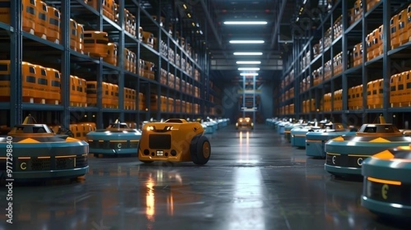 Fototapeta Warehouse Robot: A fleet of robots efficiently organizing and transporting goods in a large warehouse. 

