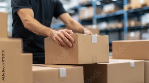Fototapeta A person moving a box in a warehouse setting, symbolizing logistics, shipping, and the efficiency of warehouse operations. Great for content related to e-commerce, storage, and logistics.