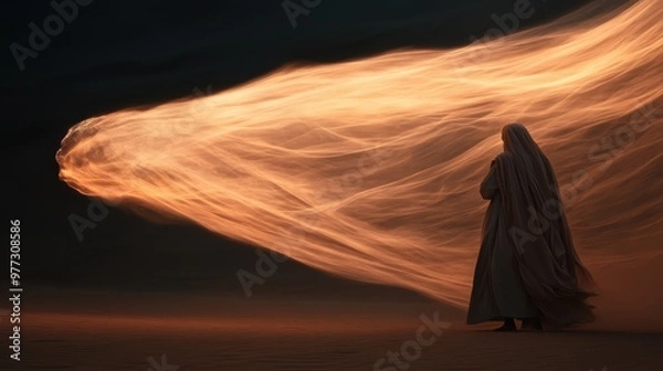 Fototapeta A cloaked figure confronts a swirling, fiery mass in an abstract windscape, suggesting themes of self-reflection, resilience, and mystical encounters in a dark, enigmatic desert scene.