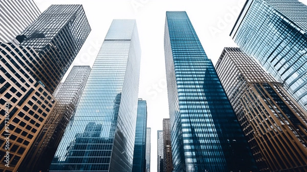 Fototapeta Skyward view of towering skyscrapers in an urban landscape during cloudy daylight