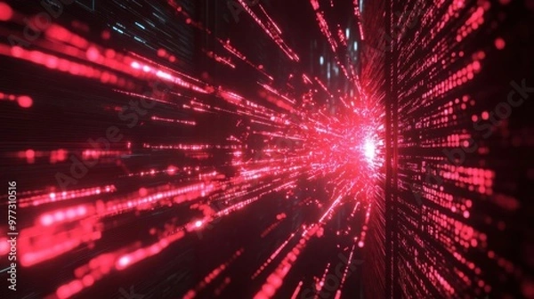 Obraz Cyber attack visualization with red, spiked data streams crashing against a secure firewall, intense and dramatic