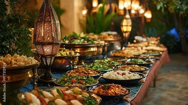Obraz A beautifully arranged iftar buffet in a traditional Middle Eastern setting, with a variety of dishes