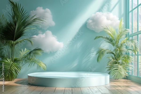 Fototapeta Elegant interior space with floating clouds, lush greenery, and turquoise walls. A serene and artistic environment for relaxation and inspiration.