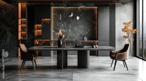 Fototapeta Lovely dining room with eye-catching pictures of sleek dining tables picture