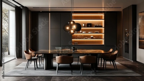 Fototapeta Luxurious dining room displaying impressive pictures of rectangular dining table picture