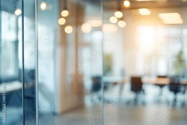 Obraz Blurred office interior background with a blurred door and glass wall, blurry bokeh light effect for a business concept design. High-quality photo, taken with a telephoto lens in realistic daylight.