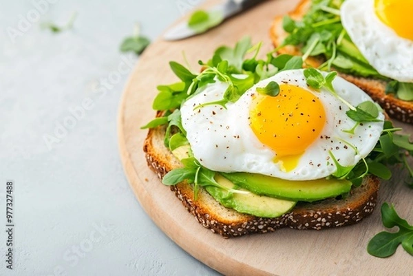 Fototapeta Avocado toast garnished with microgreens and poached eggs, nutrient-rich breakfast, healthy eating concept.