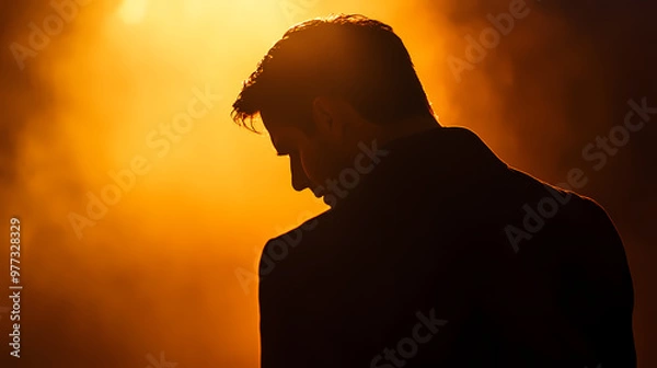 Fototapeta Dramatic silhouette of a man against a backlit background. Backlit. Illustration