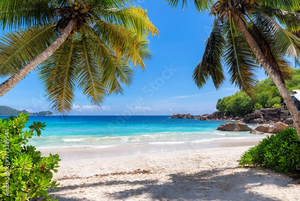 Fototapeta Tropical Beach. Sandy beach with palm and turquoise sea. Summer vacation and tropical beach concept.	