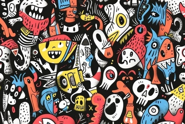 Fototapeta Colorful doodle monsters illustration with playful characters