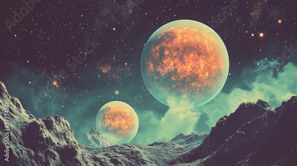 Fototapeta  Alien moonscape with stars and planets in the night sky. A fantastical alien landscape under a starry sky, with two moons hovering above jagged, rocky terrain. This science-fiction scene evokes myste