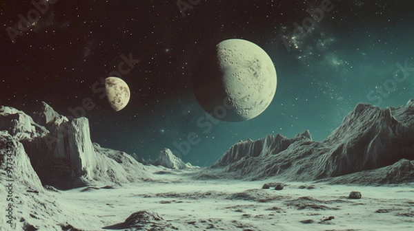 Fototapeta  Alien moonscape with stars and planets in the night sky. A fantastical alien landscape under a starry sky, with two moons hovering above jagged, rocky terrain. This science-fiction scene evokes myste