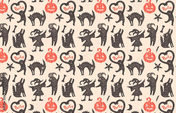 Fototapeta Happy Halloween party, seamless pattern. Hand drawing, vector background for the holiday.