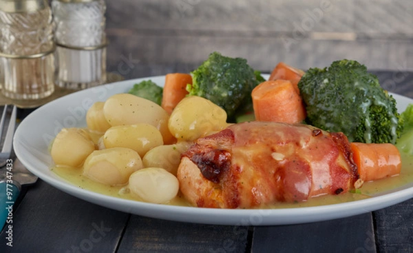Fototapeta Chicken breast wrapped in bacon with potatoes and vegetables with a chicken gravy.