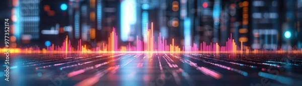 Fototapeta Vibrant digital cityscape showcasing glowing neon lights and futuristic architecture with dynamic data visualization and urban design.