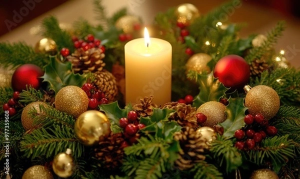 Fototapeta A candle is lit in a wreath of evergreen branches and red berries