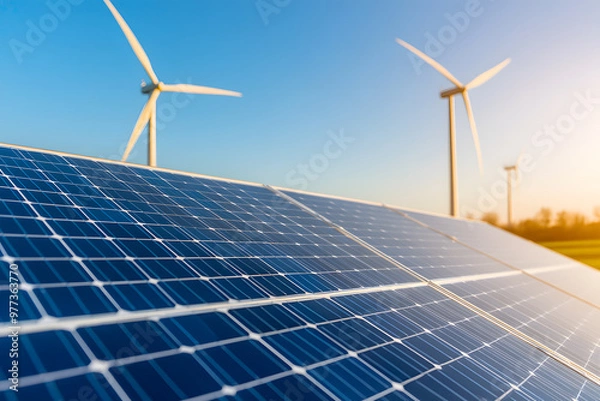 Fototapeta First Energy Concept with Solar Panels and Wind Turbines, Renewable Energy Solutions and Sustainable Power