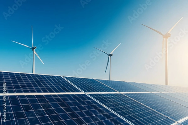 Fototapeta First Energy Concept with Solar Panels and Wind Turbines, Renewable Energy Solutions and Sustainable Power