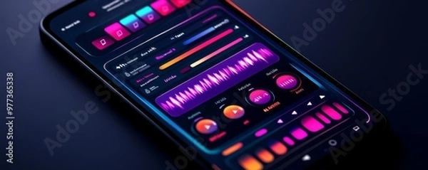 Fototapeta Dark mode music player UI, neon accents, intuitive playback controls, personalized playlists, and artist discovery features, ideal for mobile use