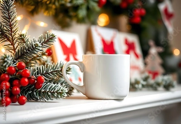 Obraz Christmas White Mug Mockup, A white mug with a christmas tree and decorations on it.