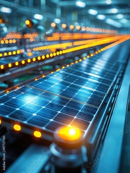 Fototapeta A row of solar panels are being manufactured in a factory