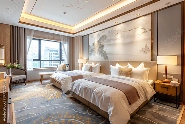 Obraz interior design of luxury hotel rooms, with two single beds and large windows, carpeted floors, beige walls, brown sofa chairs, modern lighting fixtures, Chinese style decoration
