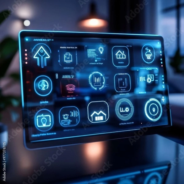Fototapeta Smart home control interface, holographic display, futuristic icons, high-tech room