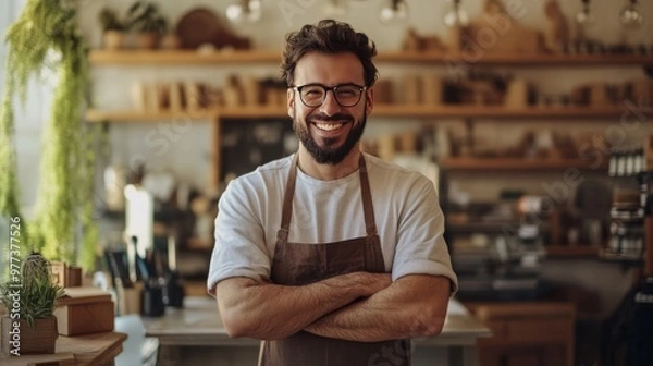 Fototapeta A man with a big smile is standing in a kitchen with apron on