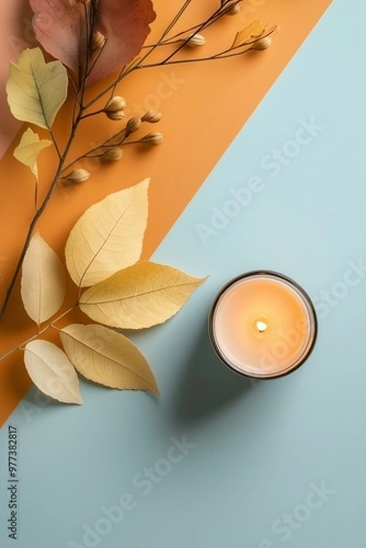 Fototapeta A lit candle with yellow leaves on a blue and orange background representing autumn and tranquility.