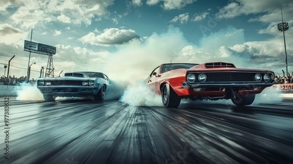 Obraz High-Speed Showdown: Two Powerful Cars in a Thrilling Drag Race Launching with Smoke and Speed for a Dramatic Scene