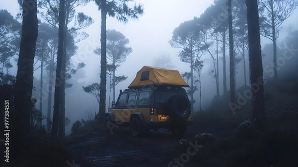Fototapeta Off-road vehicle in a misty forest with a rooftop tent