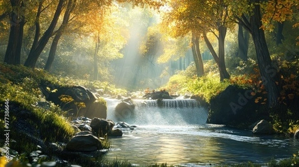 Fototapeta A crystal-clear stream flowing through a sunlit forest.