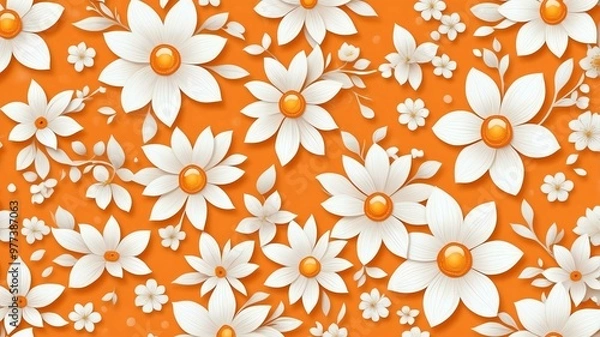 Fototapeta base xl pretty white theme flowers on light orange background, egg mosaic style