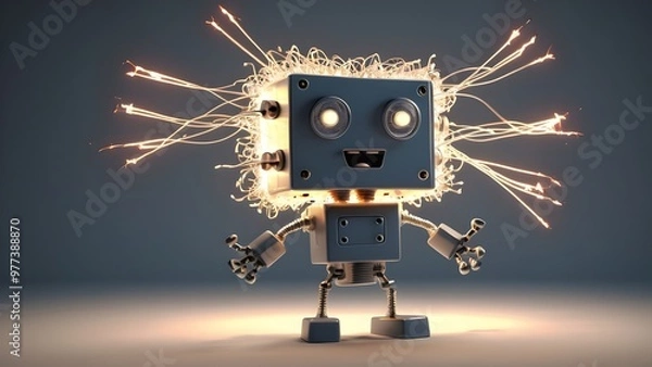 Obraz boxy, robotic character with a plug head and wire arms that are constantly short-circuiting. His eyes are glowing light bulbs, and he has a slightly confused but friendly expression, with sparks.